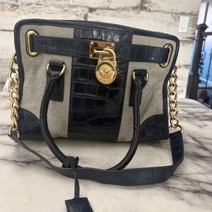 Michael Kors Navy Croc-Embossed Canvas Satchel with Gold Hardware Hamilton